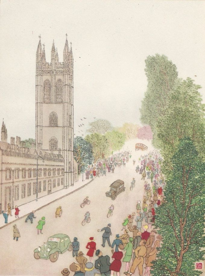 'May Day Service on  Magdalen Tower' from Chiang Yee's 'The Silent Traveller in Oxford' (1944). Wartime brought sparse attendance, and there was clearly no road closure at this time.