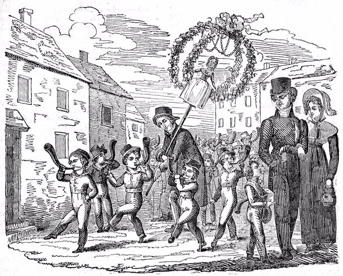 Hornblowers accompany the May garland, from Hone's Table Book of 1827. The setting is Norfolk but it could just as well be Oxford where boys also blew horns on May Morning.