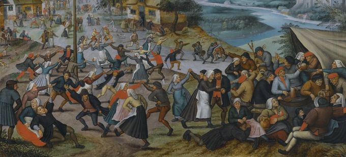 A makeshift 'bower' is shown to the right in this detail from 'St. George's Kermis with the Dance around the Maypole' by Pieter Breughel the Younger, 16th century.