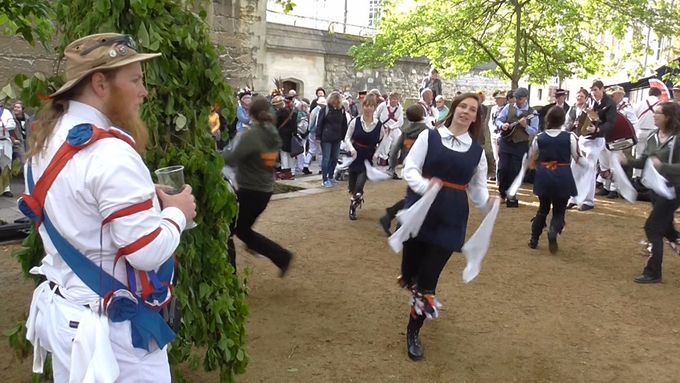 The Jack-in-the-Green presides as Summertown Morris dance outside St John's, May Morning 2017 (photo Tim Healey). 