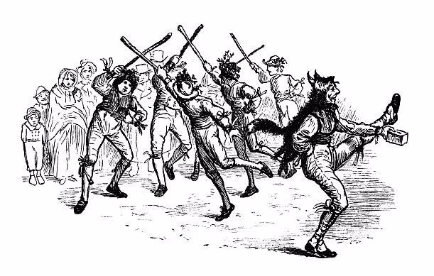 Morris dancers depicted in 1876 by Randolph Caldecott (from Washington Irving's 'Old Christmas'). Though generally declining at this time, the tradition remained vigorous in some English villages.