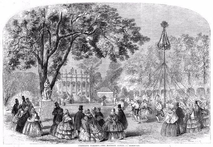 Ribboned Maypole at the Cremorne Gardens, London, in 1858. By this time the ribbon dance is starting to catch on but it is not yet universal. This is a formal entertainment staged by the proprietor, Mr T Simpson. The dancers are in all likelihood professionals wearing 'rustic' costume. And it's not May - the picture comes from the Illustrated London News, 14 August 1858.